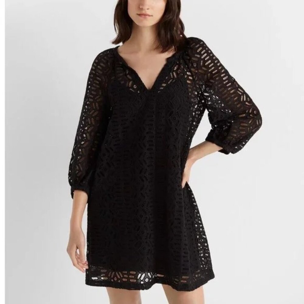 -Club Monaco Black Oversized V Neck Eyelet Summer Dress with Slip NWT XS